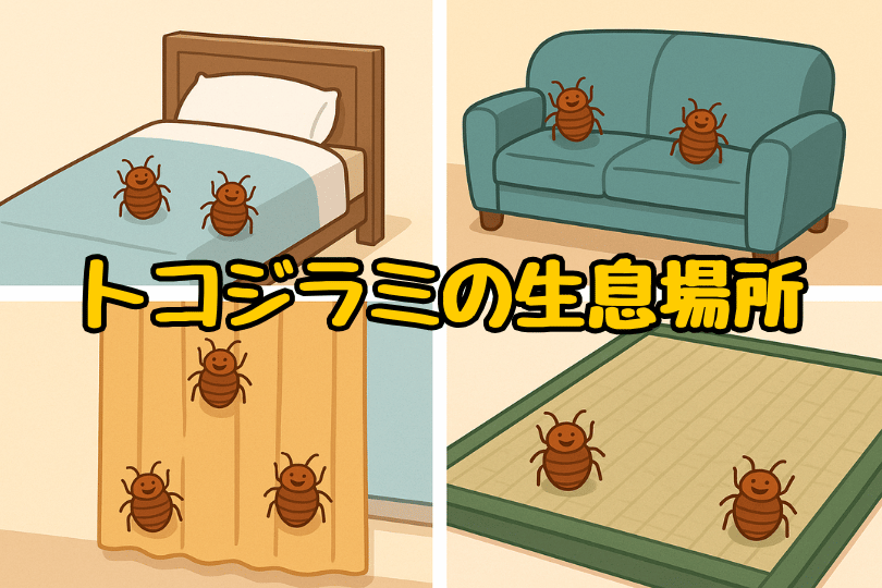 トコジラミの生息場所を4つ示したイラスト

