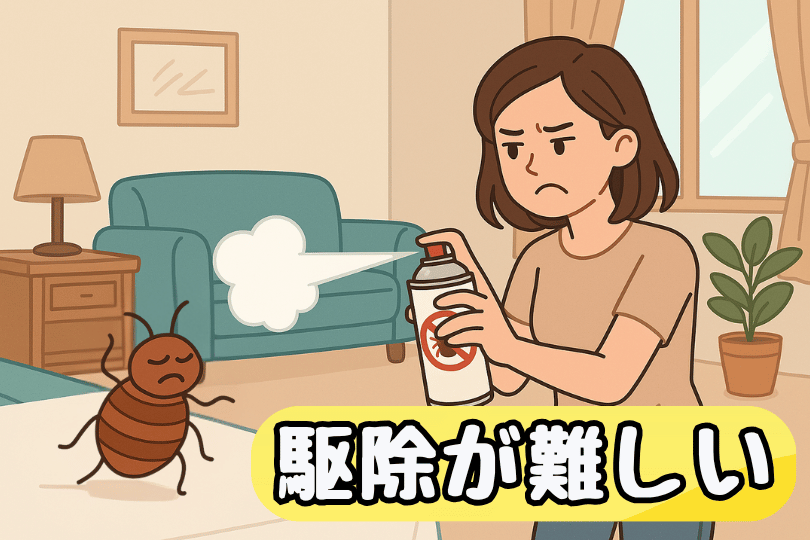 女性がトコジラミに殺虫剤をかけているイラスト
