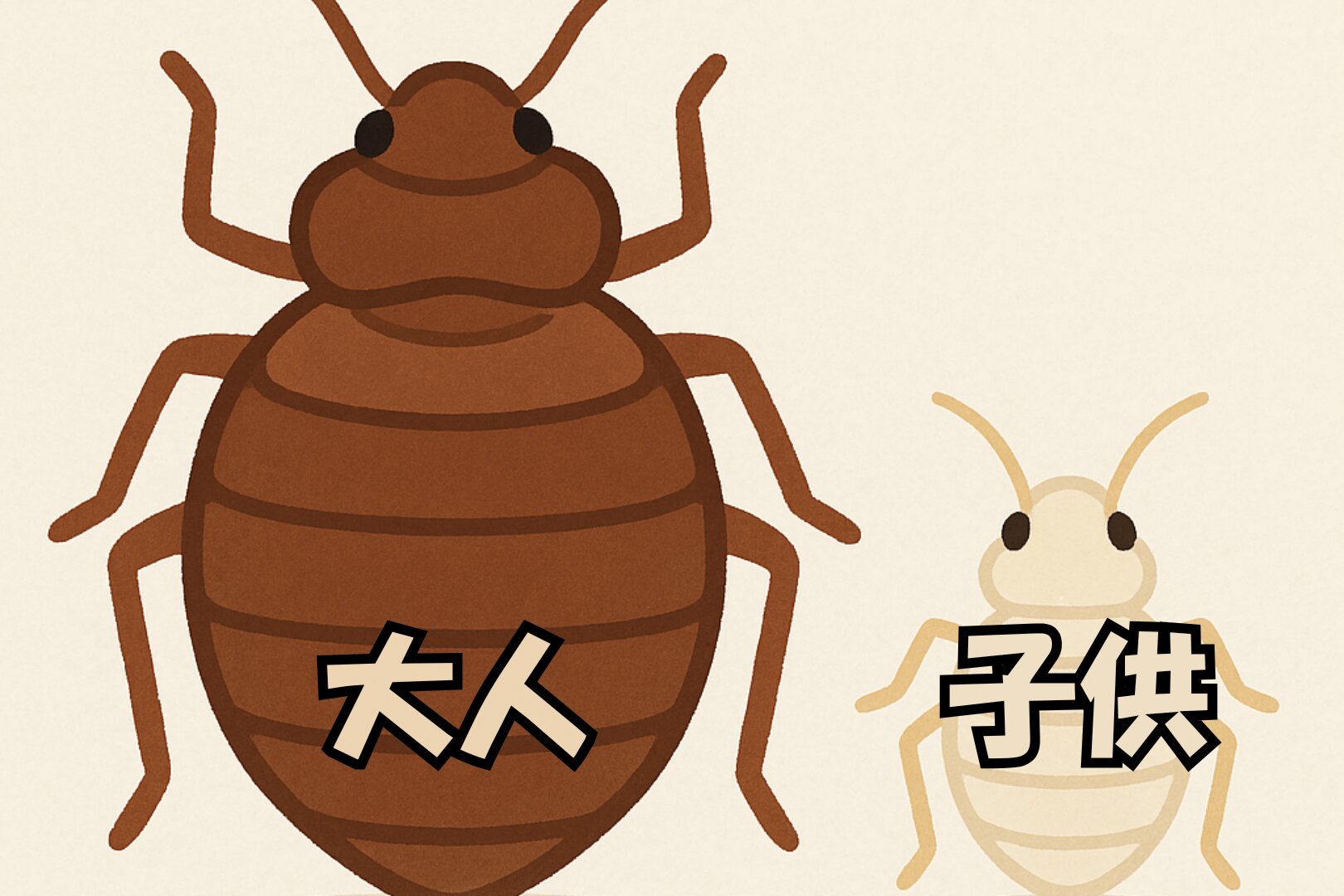 大人のトコジラミと子供のトコジラミの見た目の違いのイラスト