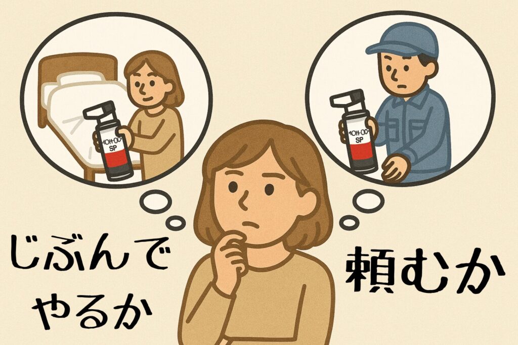 女性が考えている、吹き出しの中、自分で駆除、業者に依頼を想像しているイラスト