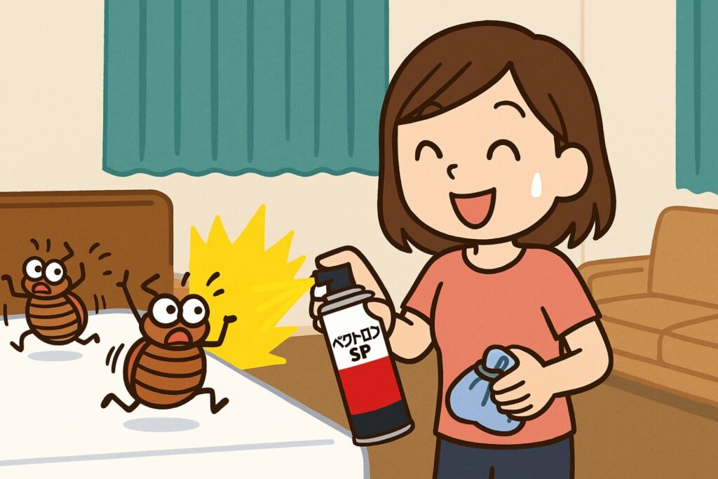女性がベッドにベクトロンSPを使っているイラスト