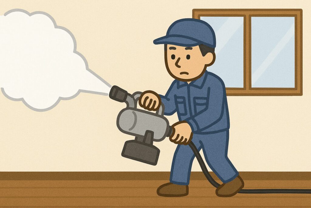 作業員が薬剤を室内に撒いているイラスト