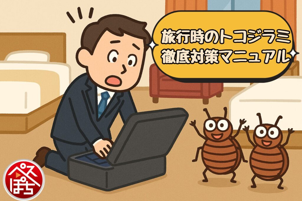 男性がホテルでスーツケースをあけているイラスト