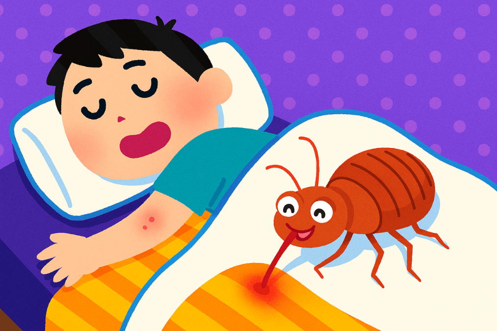 トコジラミが寝ている人間の血を吸っているイラスト