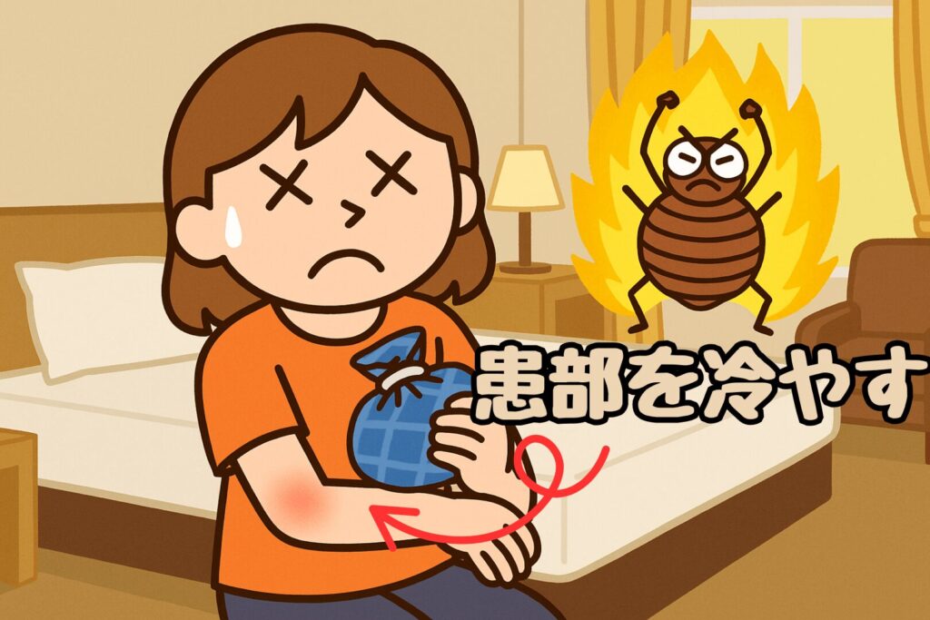 女性がトコジラミに刺された箇所を冷やしているイラスト