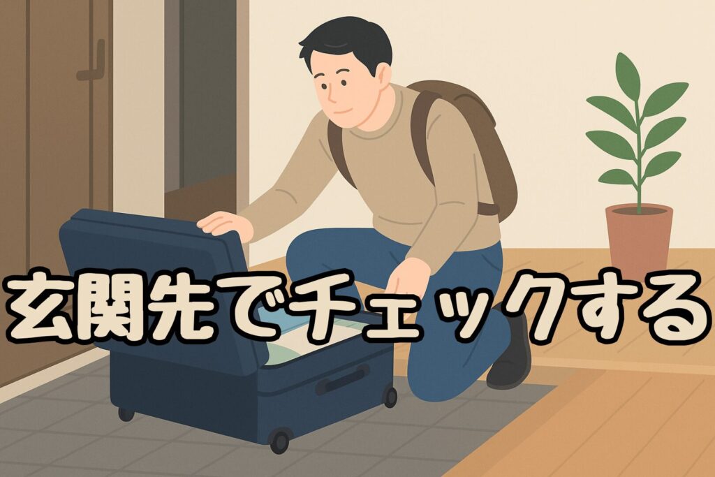 男性がスーツケースを玄関先で開けているイラスト