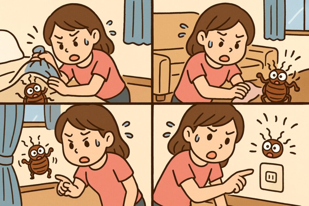 女性が自宅にトコジラミがいないかチェックしているイラスト