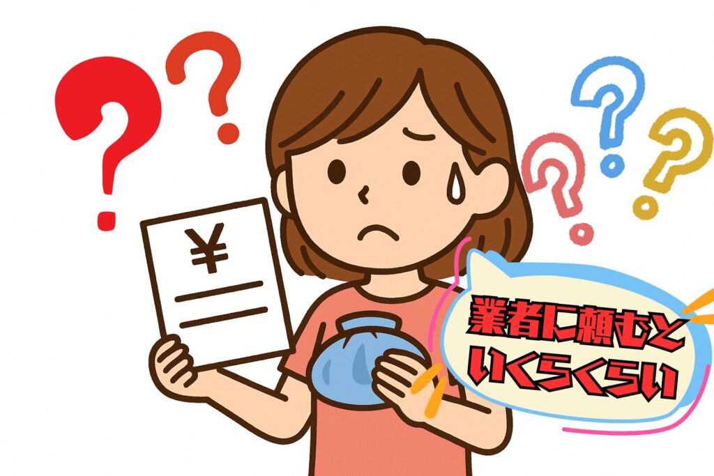 業者に頼むといくらするんだろうと吹き出し付きの女性のイラスト