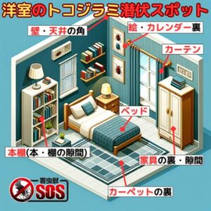 洋室のトコジラミ潜伏場所のイラスト