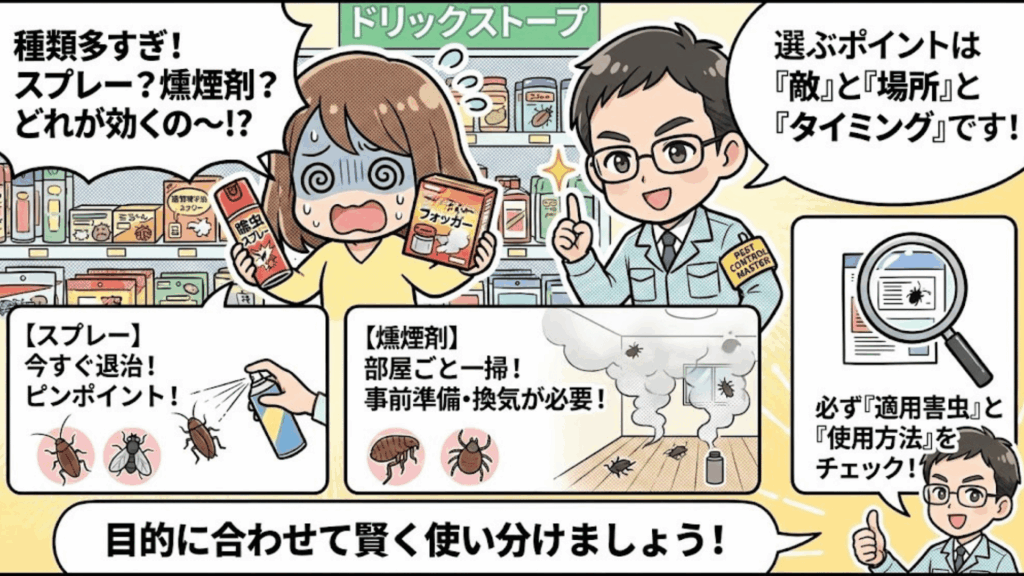ドラッグストアに並ぶ様々な殺虫剤のイメージ