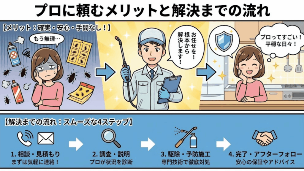 プロの業者によるゴキブリ駆除作業と解決のイメージ