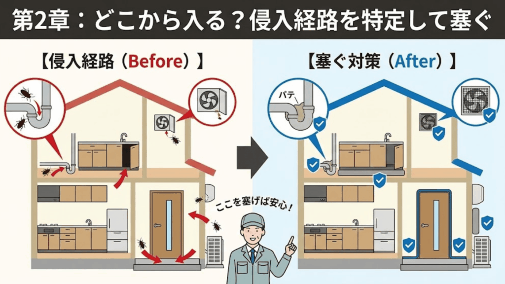 家の様々な場所にあるゴキブリの侵入経路イメージ