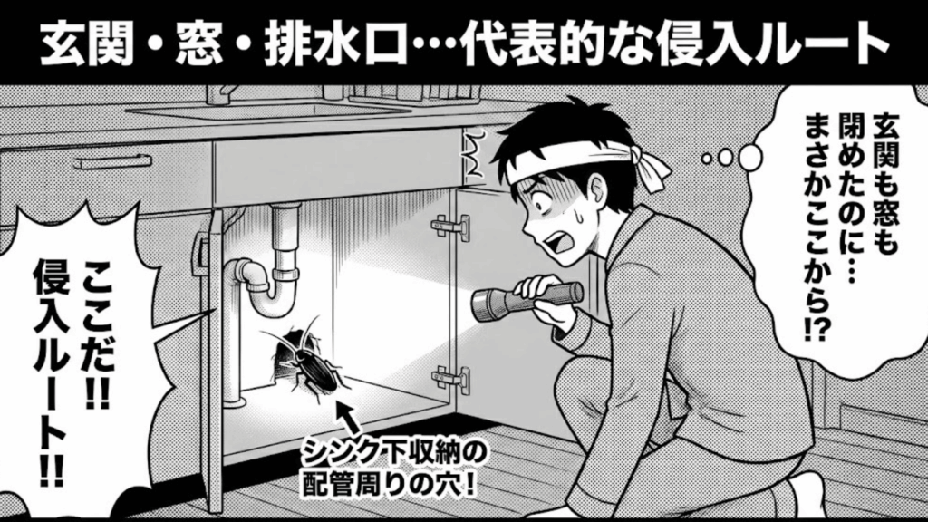 網戸や窓のサッシから侵入するゴキブリのイメージ