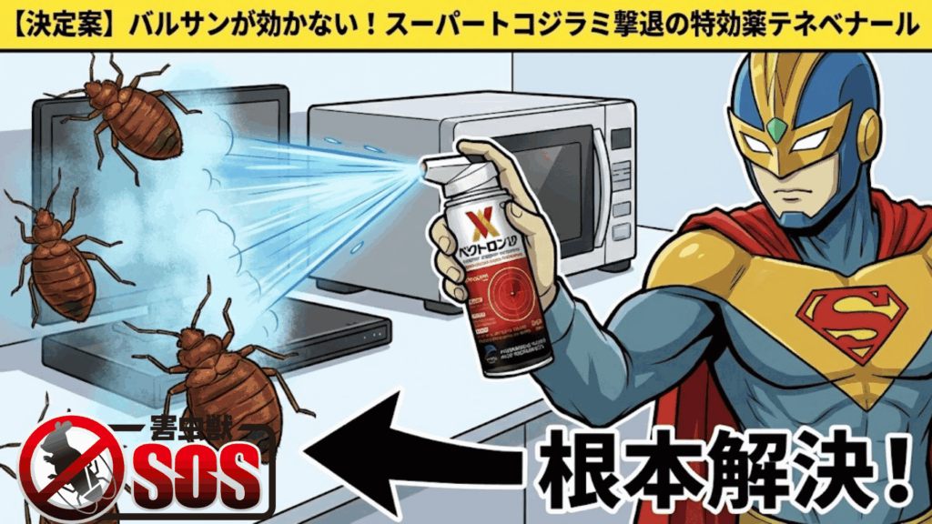 トコジラミにベクトロンSPをスーパーマンが使用しているイラスト