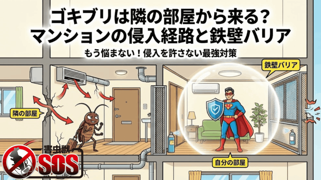 マンションの隣室からチャバネゴキブリが侵入してくるイラスト