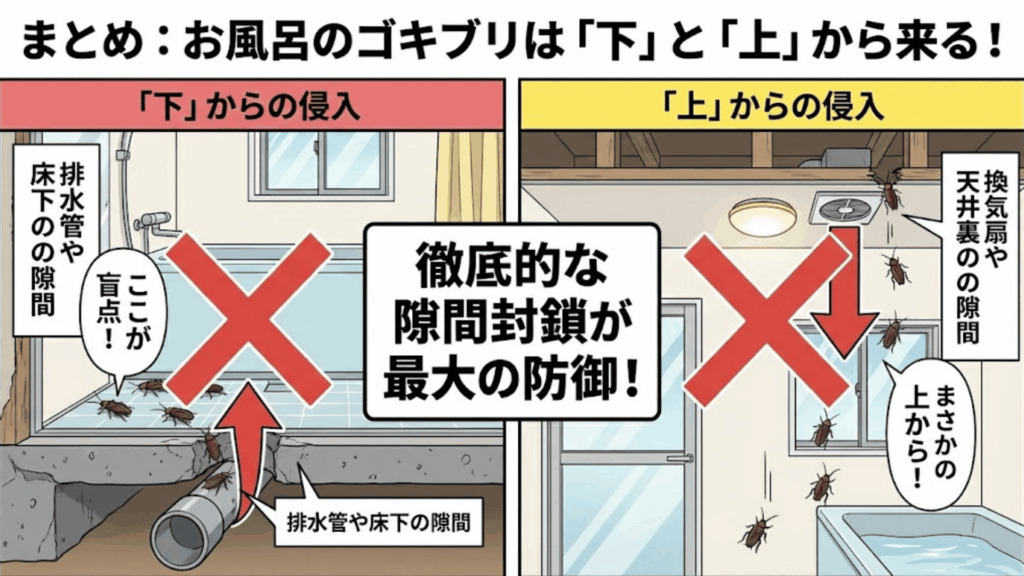 お風呂のゴキブリは配管下と換気扇上から侵入する
