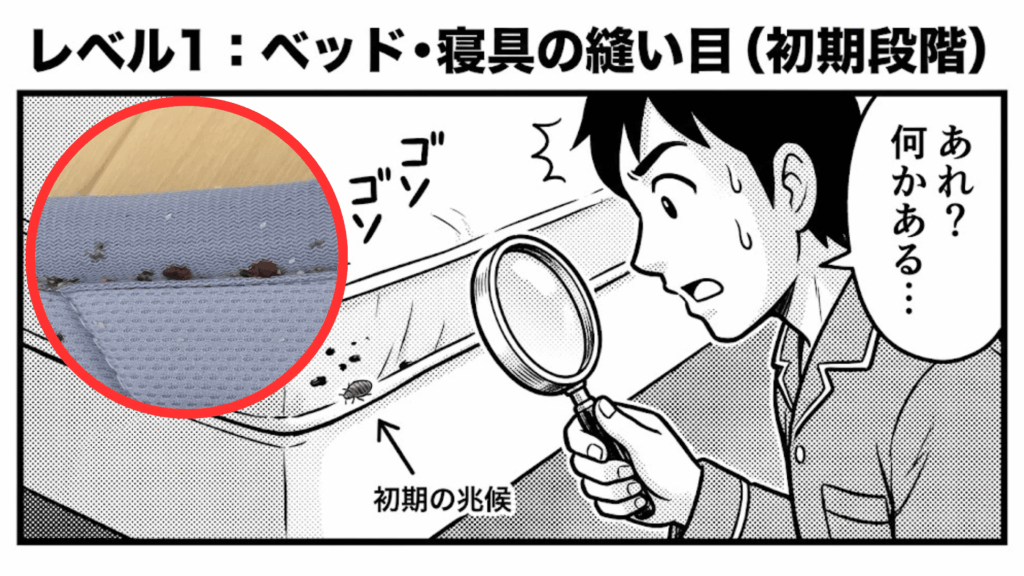 マットレスやシーツの縫い目にある血糞（初期段階）