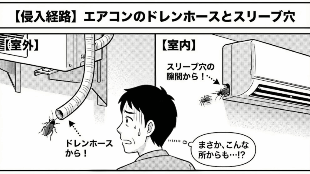 エアコンのドレンホースからのゴキブリ侵入イメージ