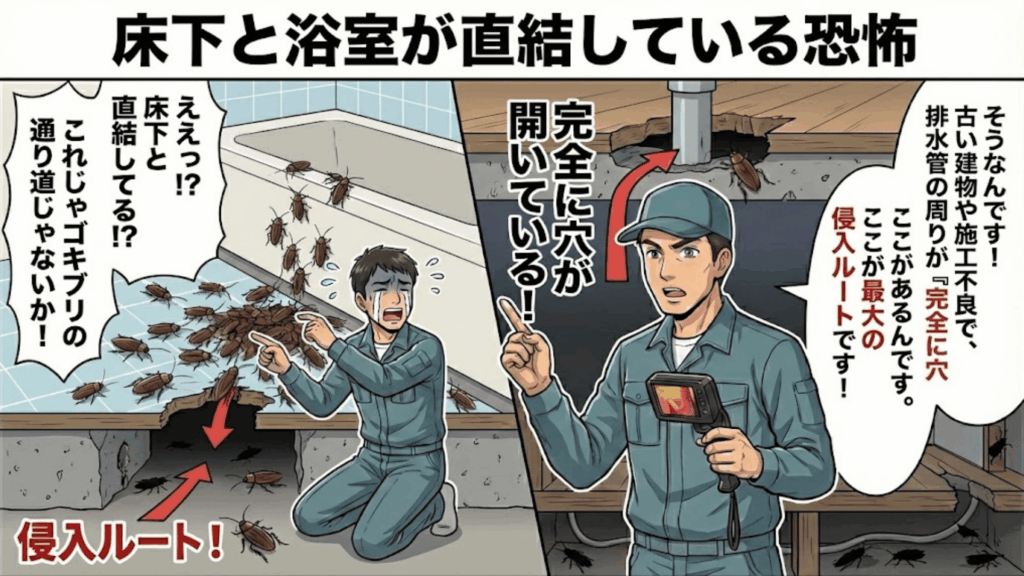 床下のゴキブリが配管の隙間を通って侵入するイメージ