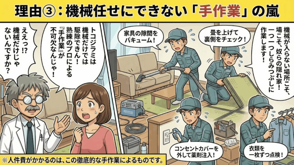 細かな隙間を目視で点検する手作業の様子