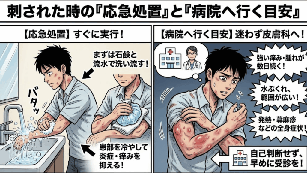 虫刺されの応急処置と皮膚科受診のイメージ