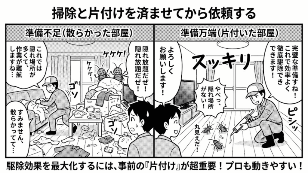 事前に掃除と片付けをして駆除費用を抑える