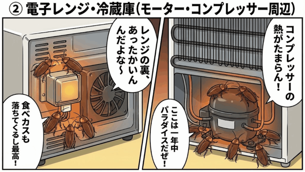 冷蔵庫や電子レンジの裏側にできるゴキブリのコロニー