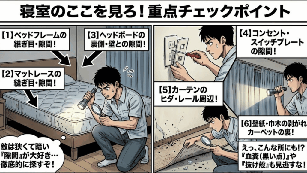 ベッド周りのトコジラミのフン（血糞）のチェックポイント