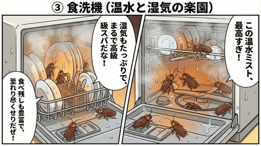 食洗機内部の温水と湿気を好むチャバネゴキブリ