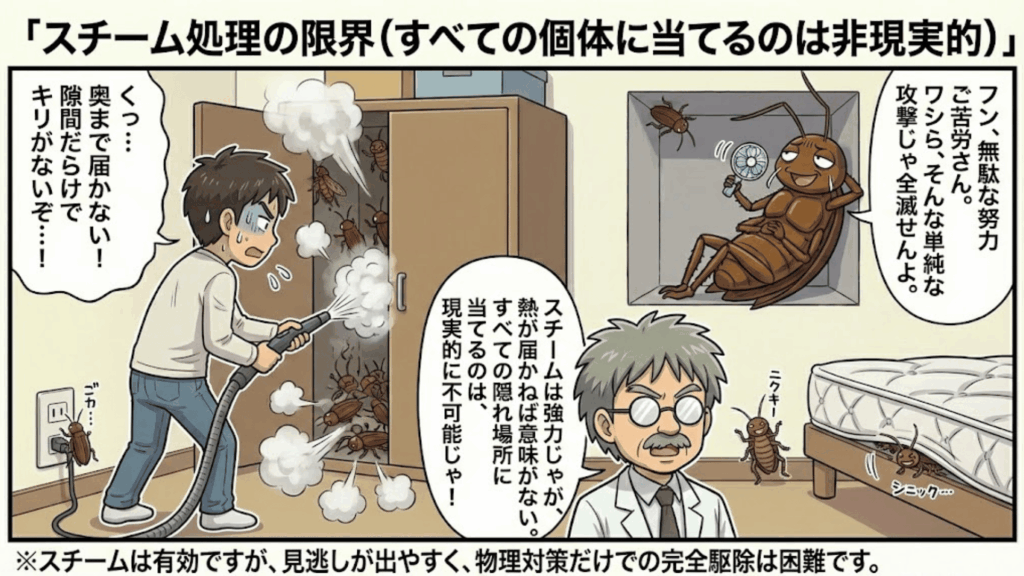 スチームクリーナーですべての個体を駆除するのは困難