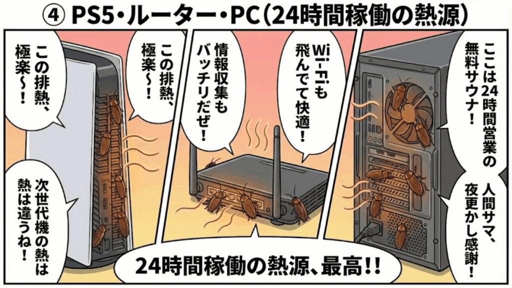 PS5やルーターなどの熱源に集まるゴキブリ