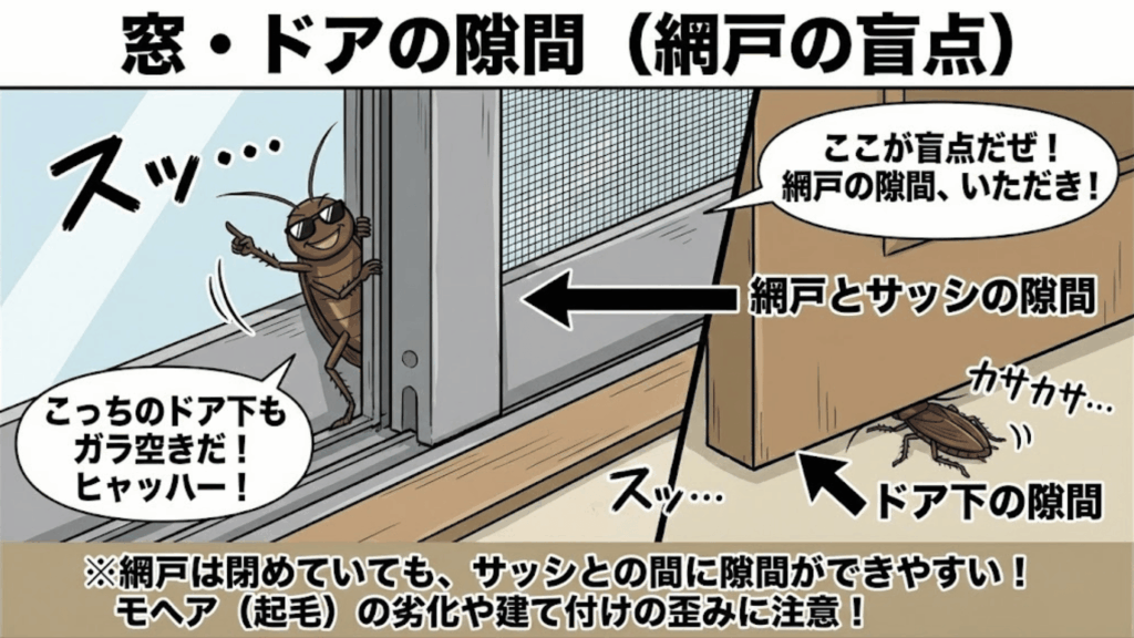 網戸や窓サッシの隙間から侵入するゴキブリ