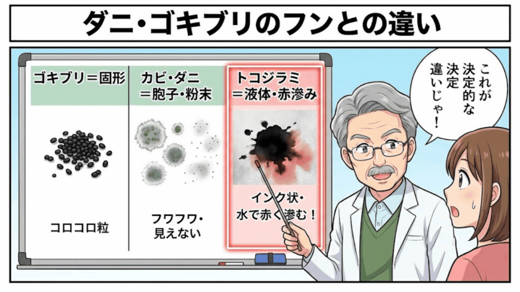 トコジラミ、ダニ、ゴキブリのフンの違い比較表