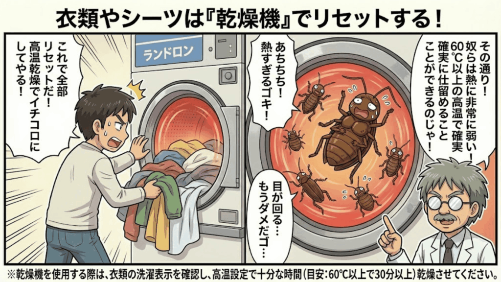 衣類やシーツを乾燥機にかけてトコジラミを熱処理する