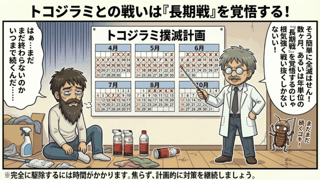 卵の孵化サイクルを考慮した1〜2ヶ月の長期戦