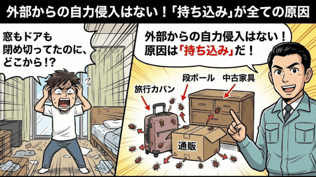 トコジラミは持ち込みが原因であることを示すイメージ