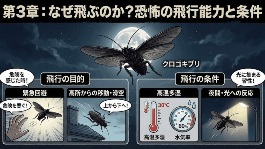 クロゴキブリが飛んでくる恐怖のイメージ