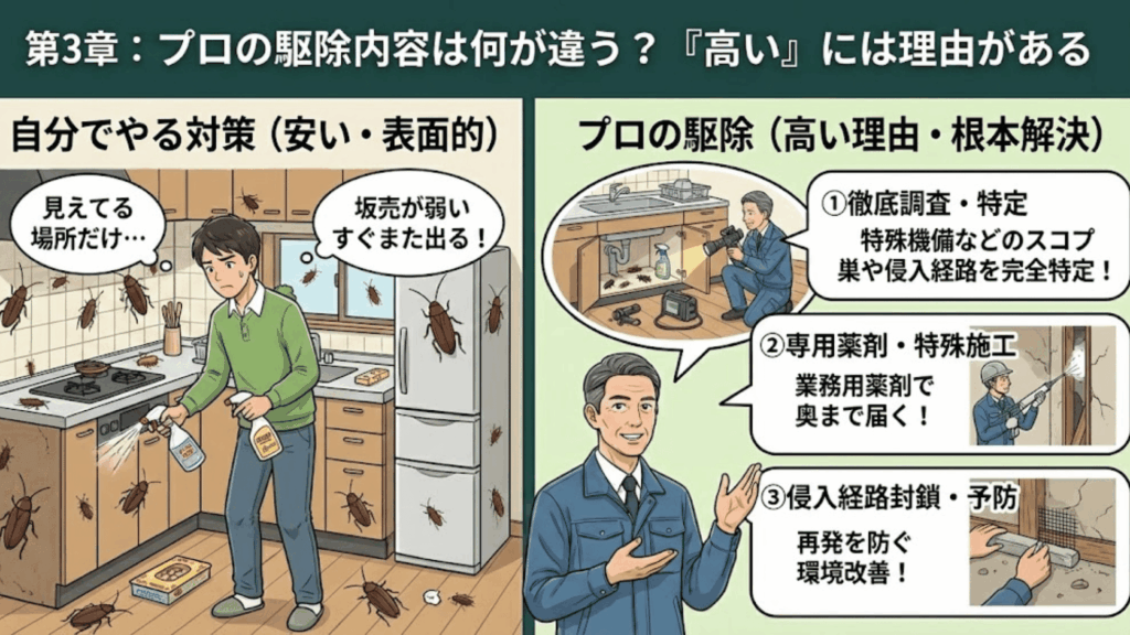 プロのゴキブリ駆除内容と市販薬の違い