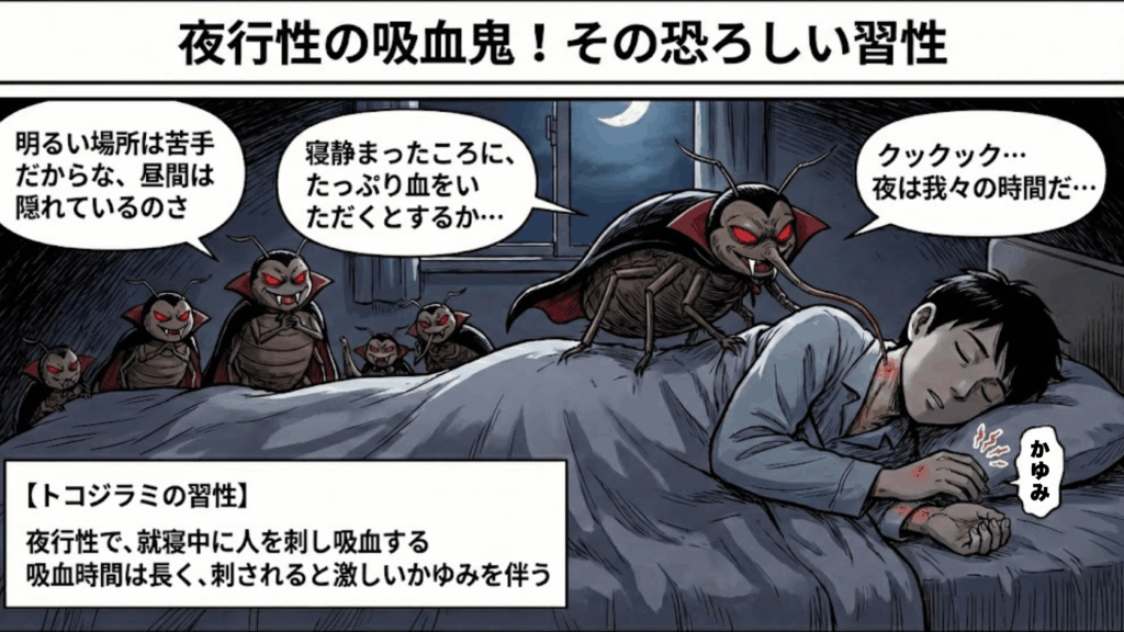 夜寝ている間に吸血するトコジラミのイメージ