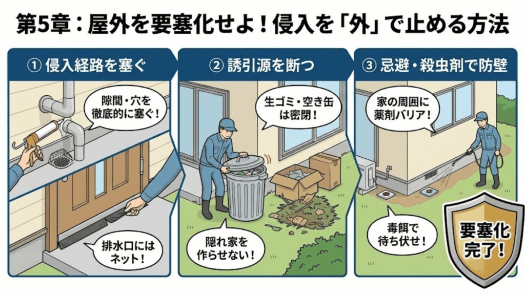 屋外からのゴキブリ侵入を防ぐ要塞化のイメージ