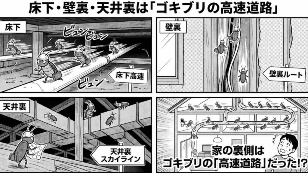 ゴキブリの移動経路となる壁裏の配管スペース