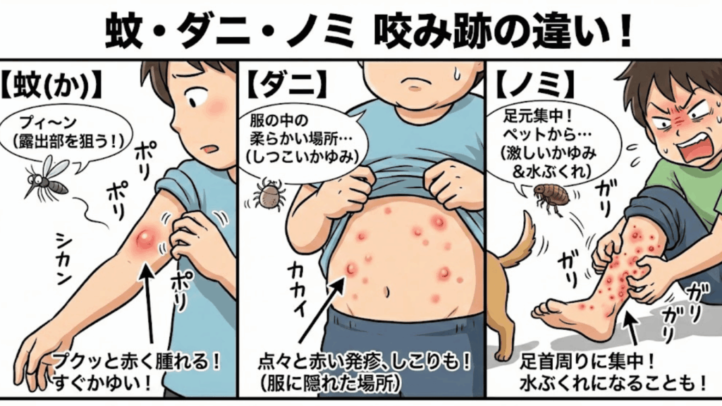 トコジラミの噛み跡の特徴比較イラスト