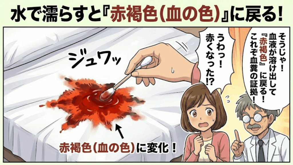 血糞を濡らすと血液の色が溶け出す様子
