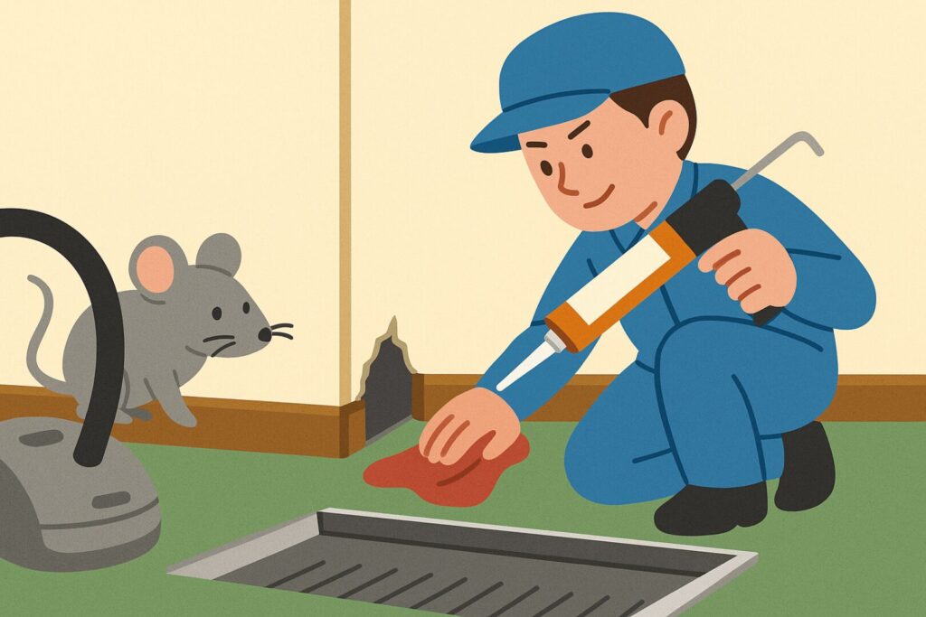 作業員がネズミの侵入経路を塞いでいるイラスト