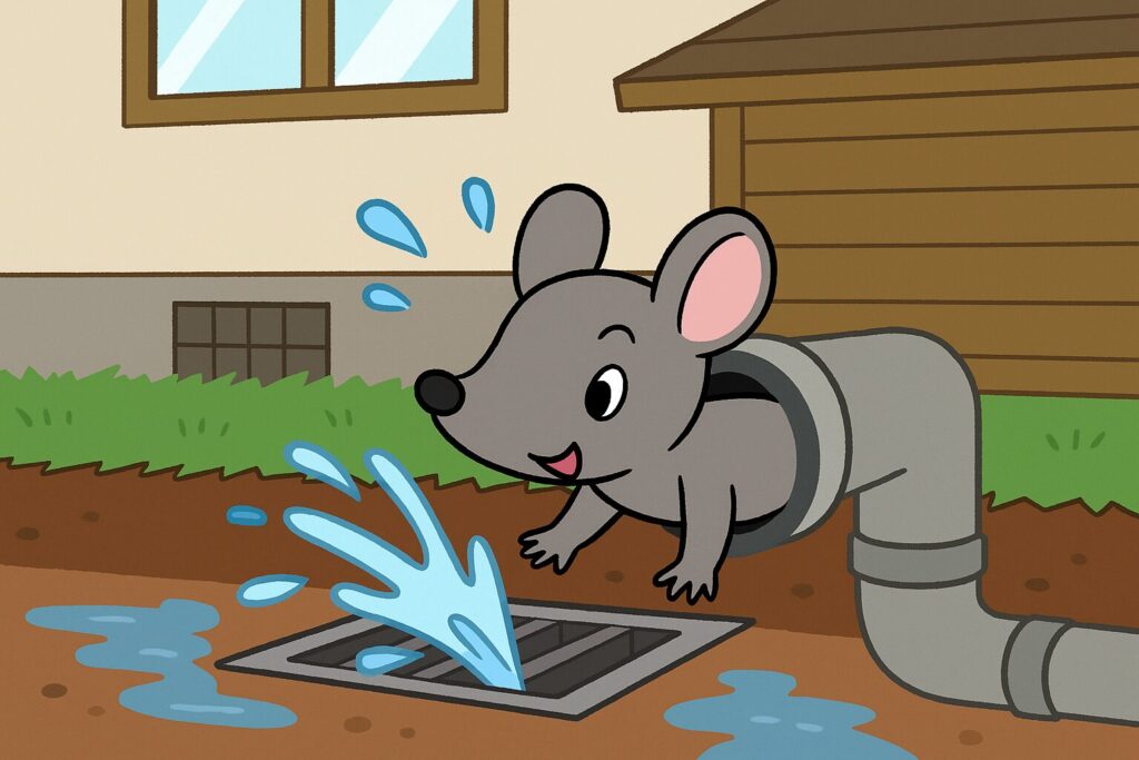 排水管から顔を出してるネズミのイラスト