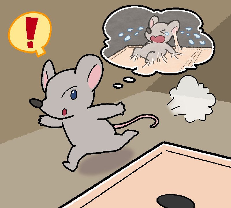 トラップをよけて通るネズミのイラスト