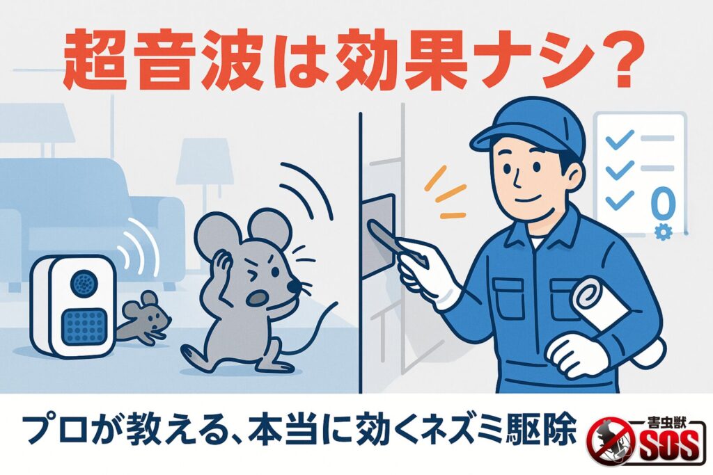 ネズミと作業員のイラスト
文字が「超音波は効果ナシ?、プロが教える本当に効くネズミ駆除」