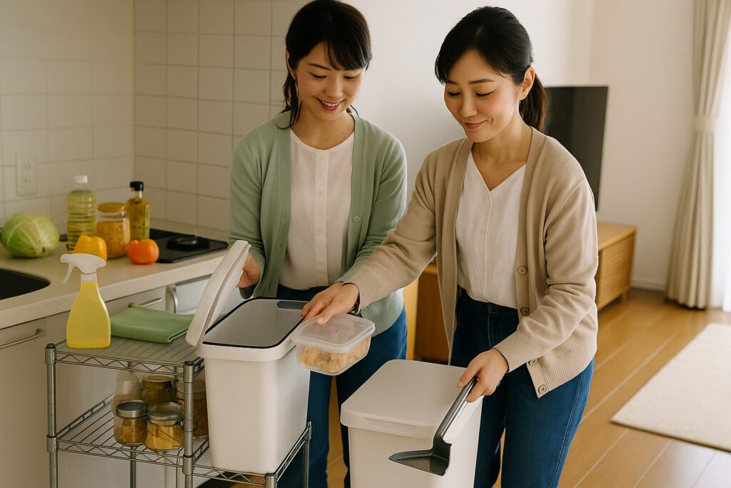 女性二人が食品を密閉容器に移しているイラスト