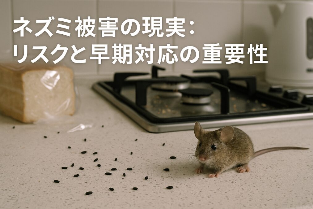 キッチンにいるネズミのイラスト
文字で「ネズミ被害の現実：リスクと早期対応の重要性」