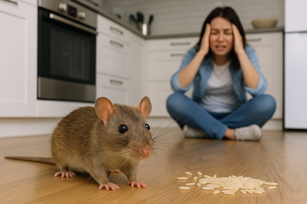 室内で女性とネズミがいるイラスト